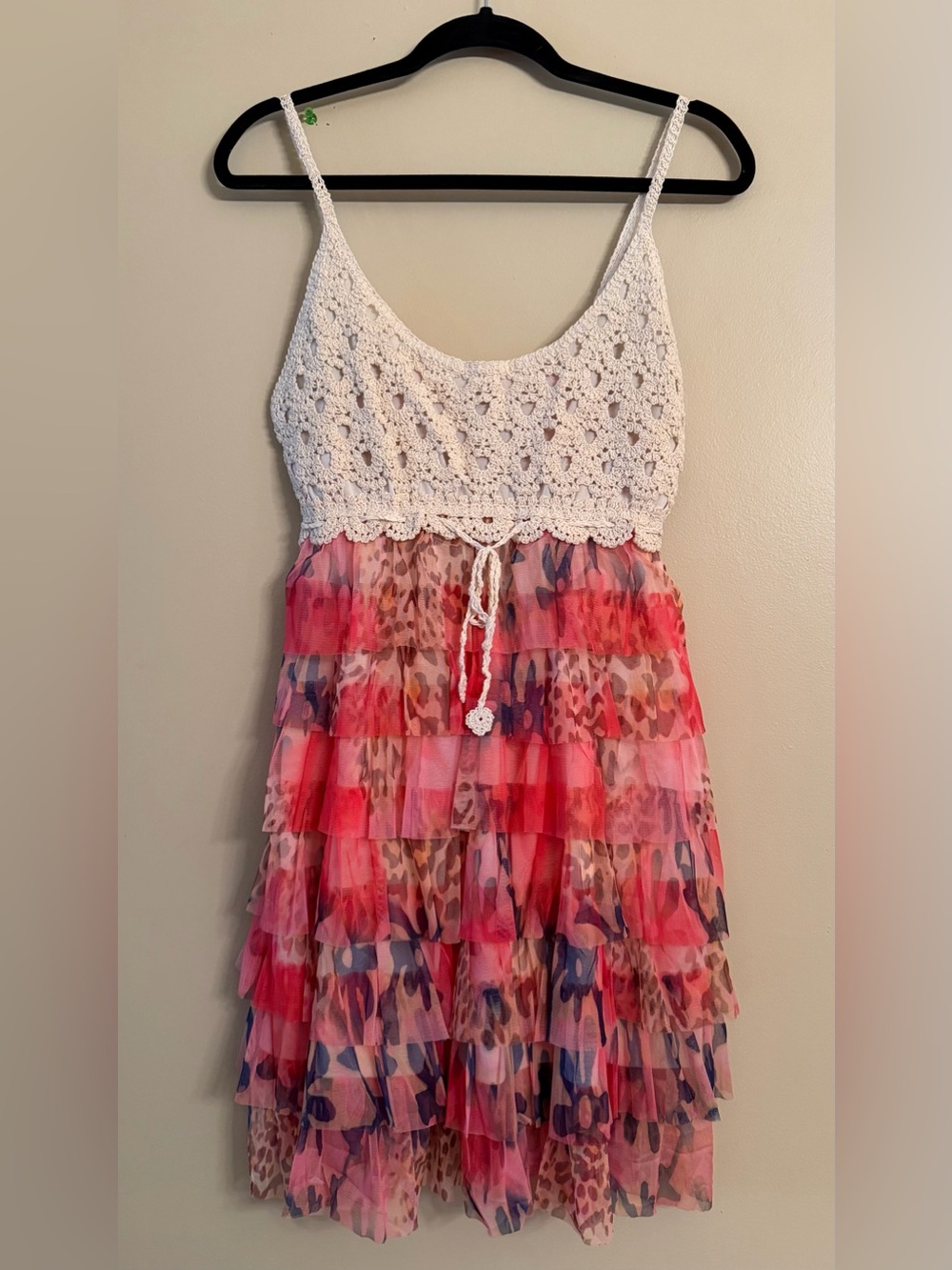 Scully Sundress in Coral and Leopard Tiered Lace w/ Crochet Top Sz XL